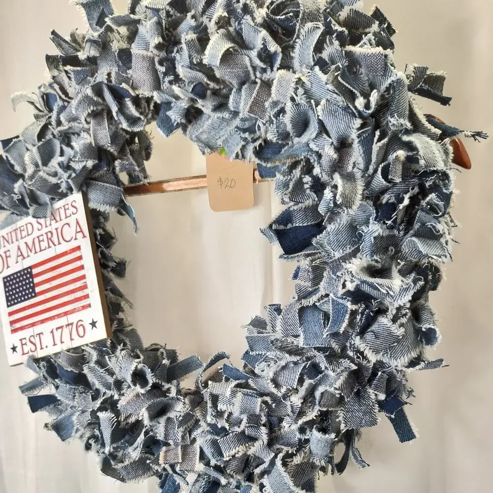 Upcycled Denim Rag Wreath with God Bless American Sign, 16